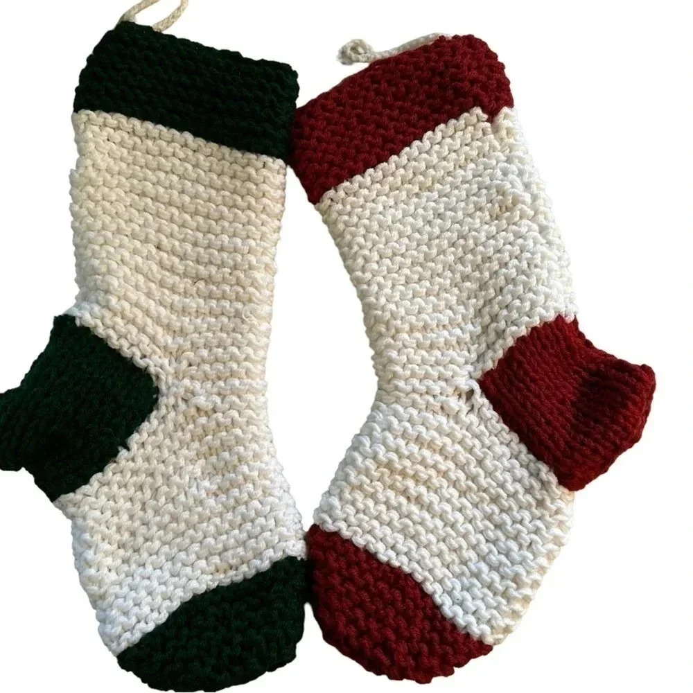 Homemade crocheted Christmas stockings with tab for hanging